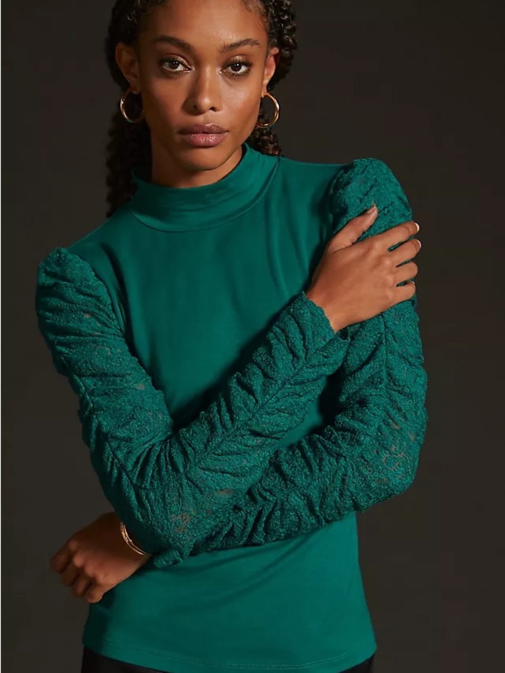 Maeve Anthropologie Teal Ruched Lace Long Sleeve Mock Neck Top Size Small